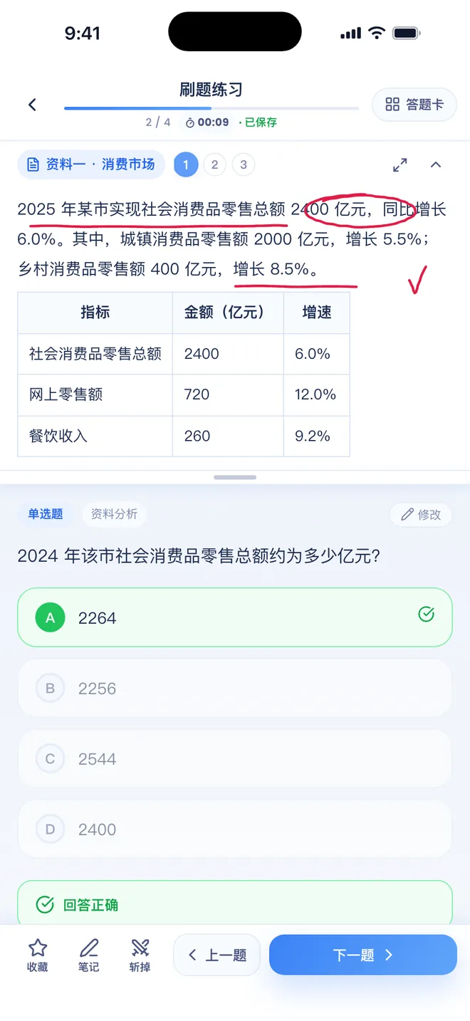 刷题包 做材料题:材料在上、小题在下,材料上有划线和圈出的数字,第 1 小题已答对