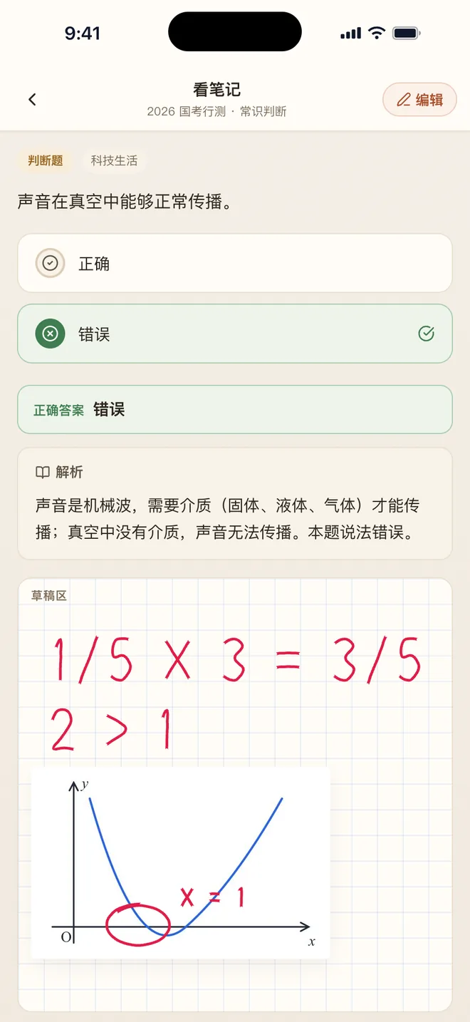 刷题包 看笔记页面:在原题上查看手写笔记,可以接着改