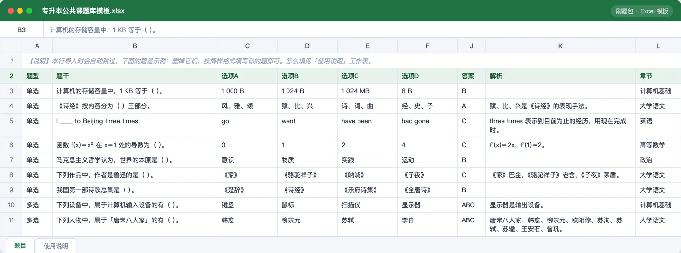 专升本公共课（计算机 / 语文 / 英语 / 高数 / 政治） Excel 模板预览：题型 / 题干 / 选项 / 答案 / 解析 / 章节列