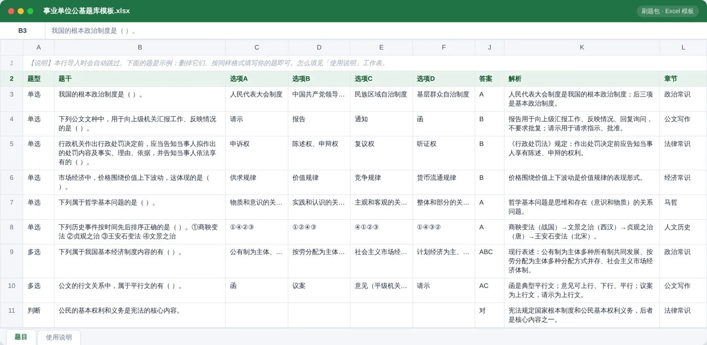 事业单位公共基础知识 Excel 模板预览：题型 / 题干 / 选项 / 答案 / 解析 / 章节列