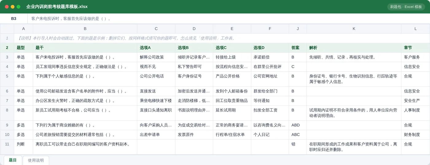 企业内训（产品知识 / 合规 / 安全） Excel 模板预览：题型 / 题干 / 选项 / 答案 / 解析 / 章节列