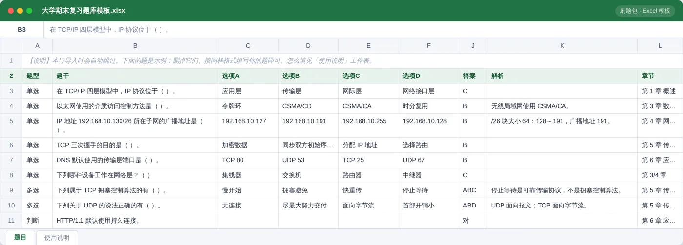 大学期末复习(计算机网络) Excel 模板预览:题型 / 题干 / 选项 / 答案 / 解析 / 章节列