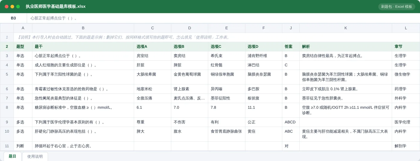 执业医师医学基础 Excel 模板预览：题型 / 题干 / 选项 / 答案 / 解析 / 章节列