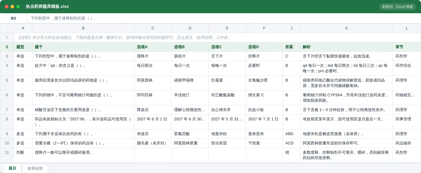 执业药师药学综合知识 Excel 模板预览：题型 / 题干 / 选项 / 答案 / 解析 / 章节列