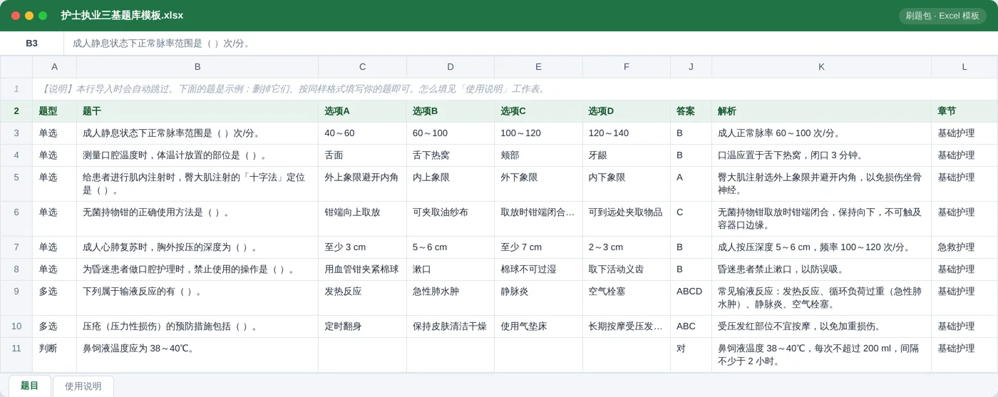护士执业资格与护理三基 Excel 模板预览：题型 / 题干 / 选项 / 答案 / 解析 / 章节列